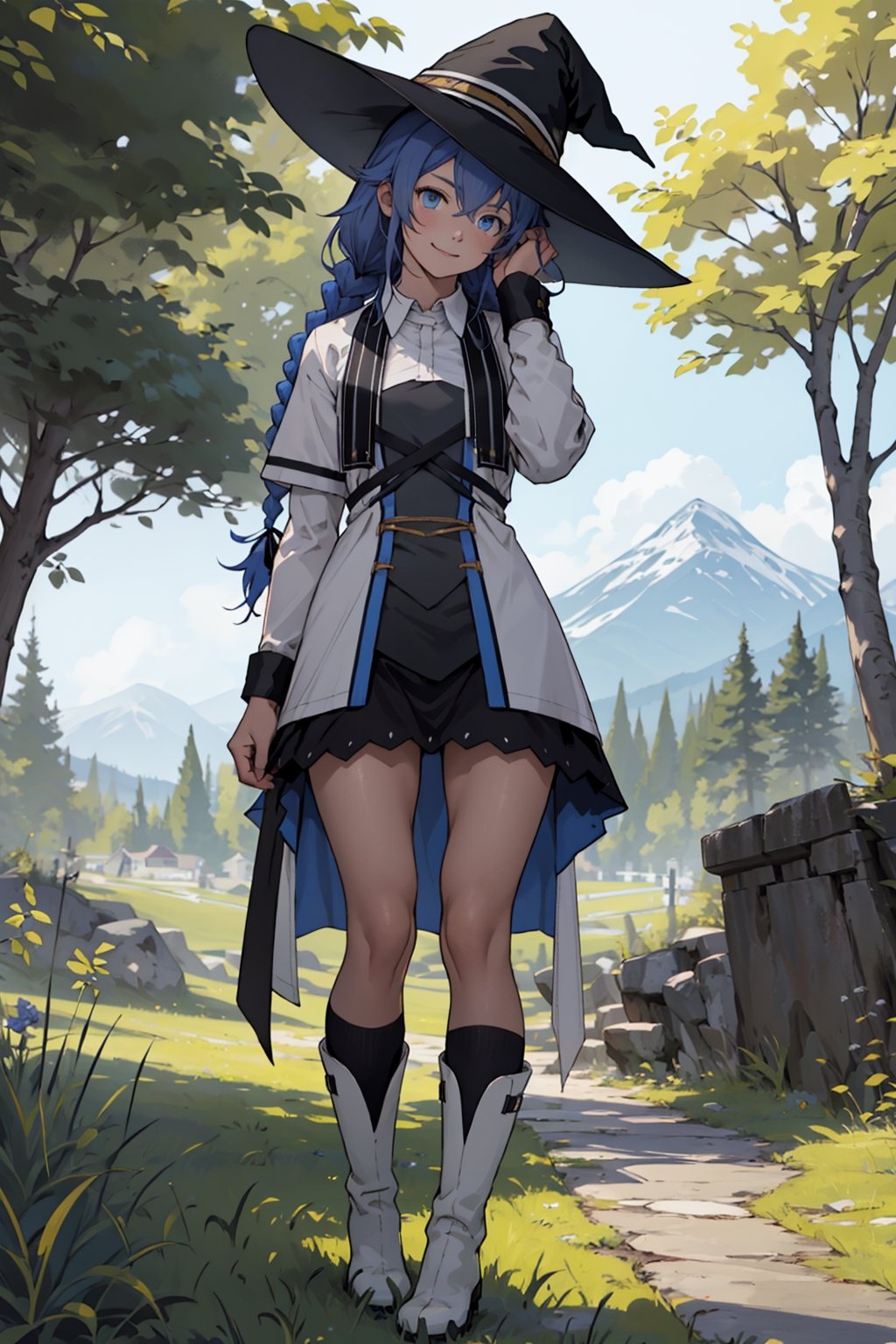 Ahoge, top quality, high resolution, extremely detailed, detailed background, best quality, (masterpiece), detailed, 1girl, alone, full body, light smile, twin braids, very long hair, blue hair, blue eyes, with look sleepy, white dress, neckband, black ribbon, black skirt, wearing white boots, witch hat, black hat, standing, looking at viewer, outdoors, grass, tree, mountain, lifting her skirt with her hands and showing white underwear, showing panties, showing panties