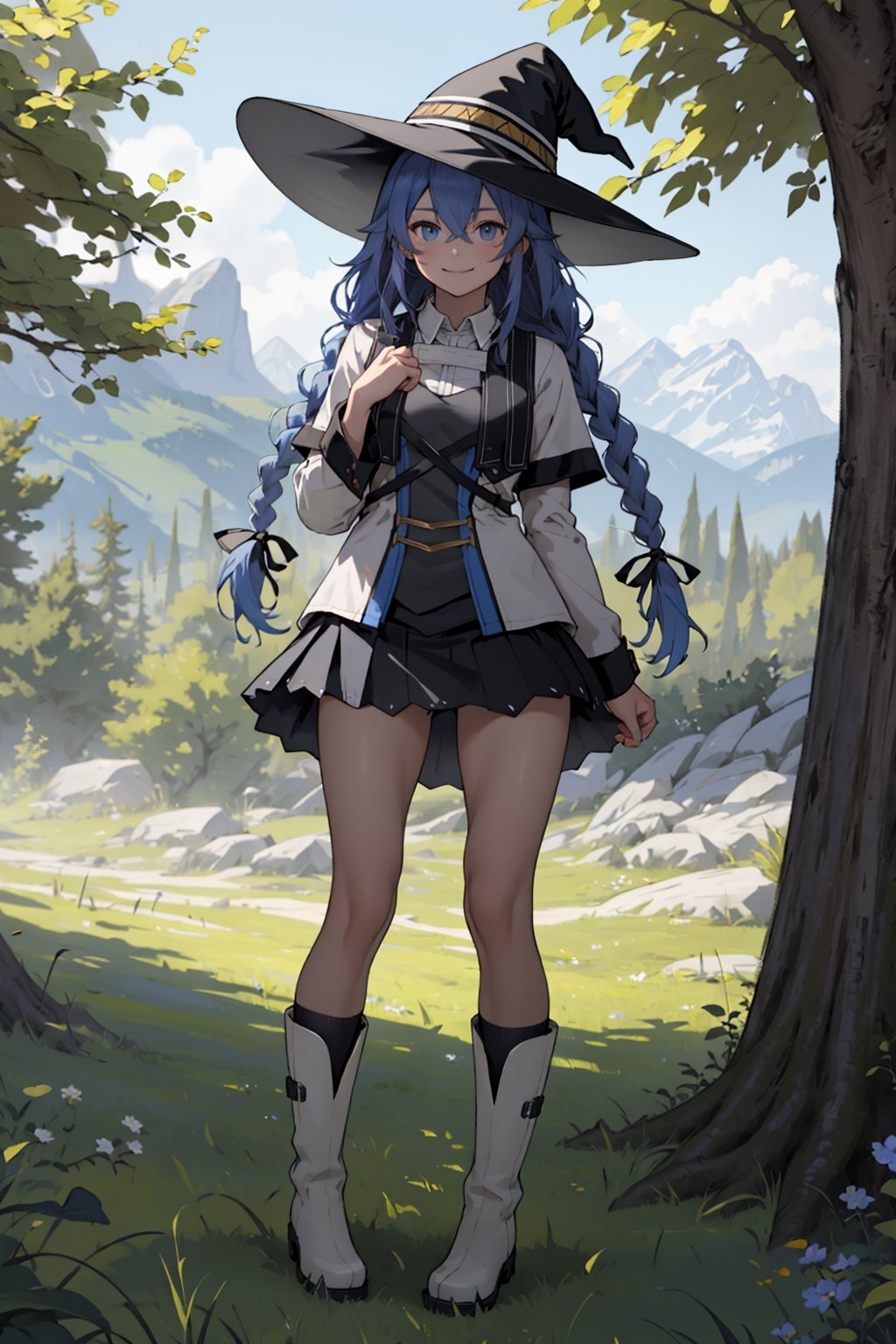 Ahoge, top quality, high resolution, extremely detailed, detailed background, best quality, (masterpiece), detailed, 1girl, alone, full body, light smile, twin braids, very long hair, blue hair, blue eyes, with look sleepy, white dress, neckband, black ribbon, black skirt, wearing white boots, witch hat, black hat, standing, looking at viewer, outdoors, grass, tree, mountain, lifting her skirt with her hands and showing white underwear, showing panties, showing panties