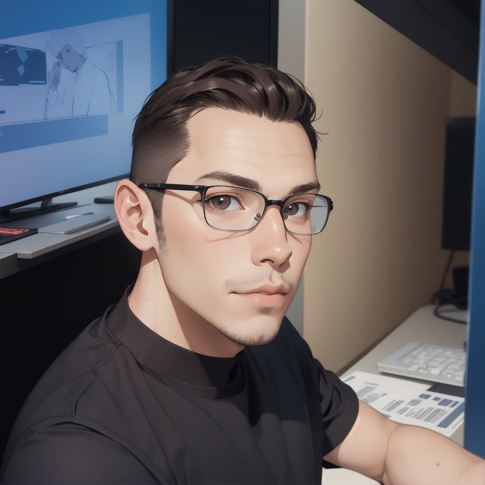 caricature of a young man sitting at a desk with a computer, with brown eyes, NFT Portrait, Avatar Image, Portrait of Jerma985, Twitch Streamer / Gamer Ludwig, Varguyart Style, Jerma 9 8 5, jerma985, 3 D render of Jerma 9 8 5, 2D Portrait, msxotto, High Quality Portrait, Brown Eyes