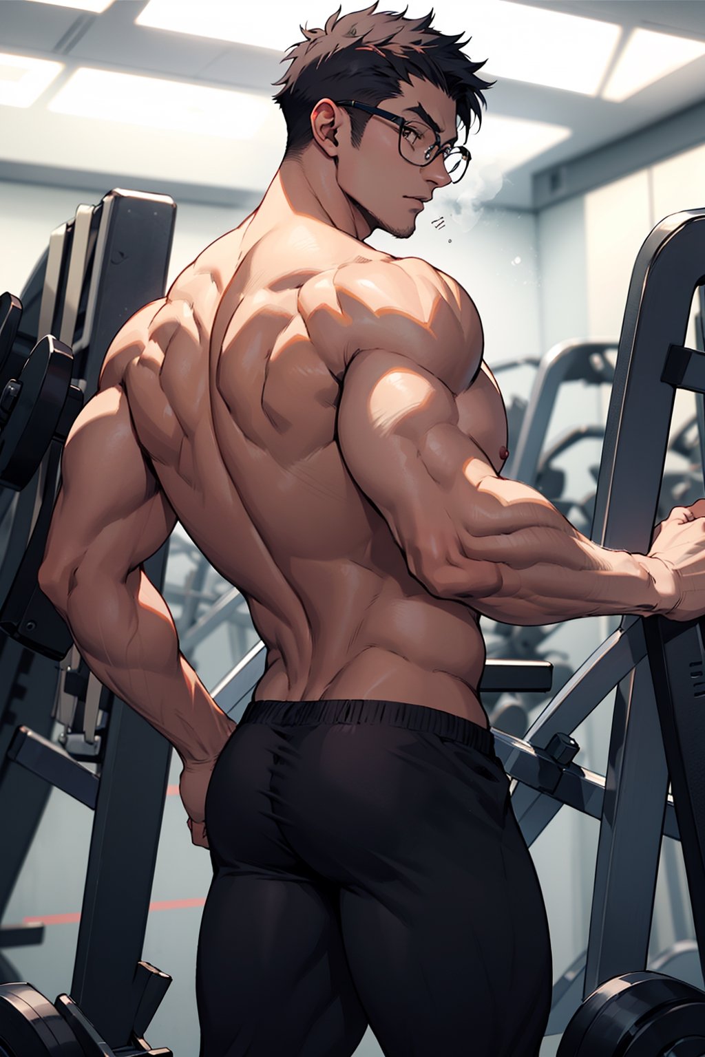 1teen anime, young guy, half glasses, Medium muscles in a gym, working out, Sci-Fi, Bodybuilding, inspired by Kim Eung-hwan, skinny, backwards, With your eyes looked back, medium muscles, big strong shoulders, inspired by Yeong-Hao Han, Super buff and cool, skinny,seamus_celeryman,welt yang,yukio_okumura