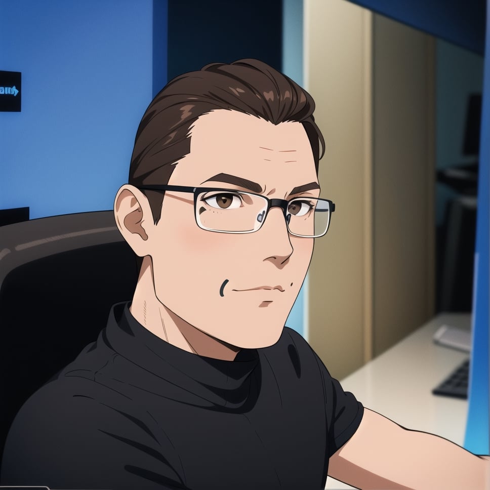 caricature of a young man sitting at a desk with a computer, with brown eyes, with semi-rimmed glasses, NFT Portrait, Avatar Image, Portrait of Jerma985, Twitch Streamer / Gamer Ludwig, Varguyart Style, Jerma 9 8 5, jerma985, 3 D render of Jerma 9 8 5, 2D Portrait, msxotto, High Quality Portrait, Brown Eyes