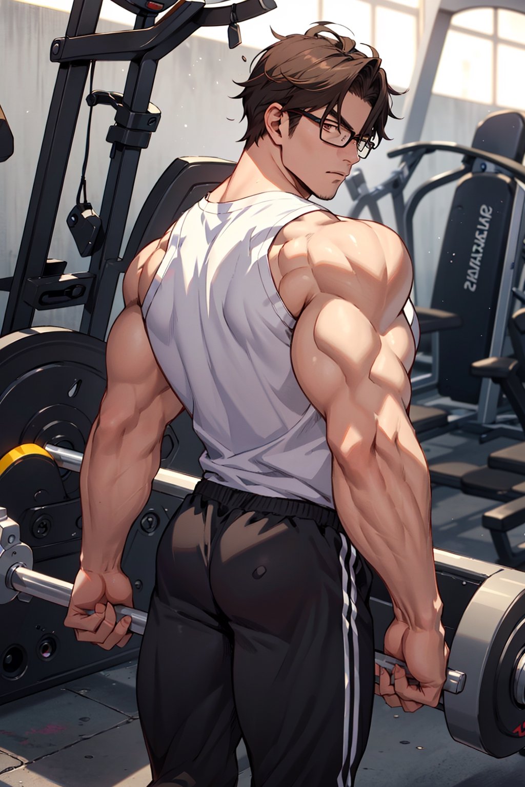 1teen anime, half glasses, Medium muscles in a gym, working out, Sci-Fi, Bodybuilding, inspired by Kim Eung-hwan, backwards, With your eyes looked back, medium muscles, big strong shoulders, inspired by Yeong-Hao Han, Super buff and cool, skinny,seamus_celeryman,welt yang