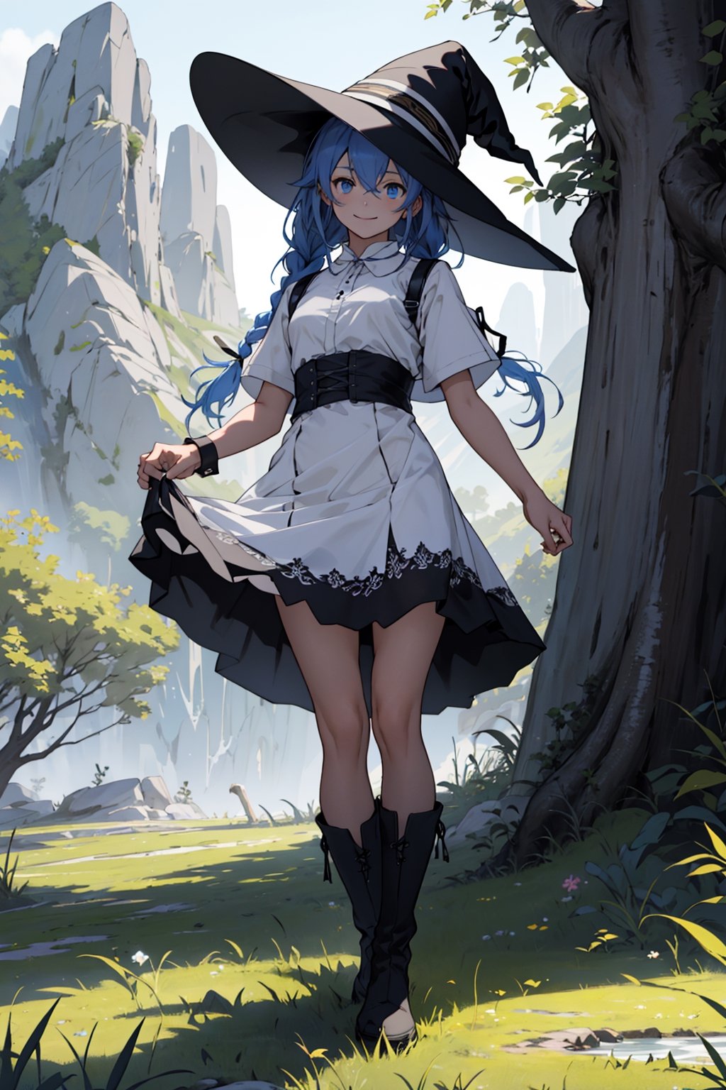 Ahoge, top quality, high resolution, extremely detailed, detailed background, best quality, (masterpiece), detailed, 1girl, alone, full body, light smile, twin braids, very long hair, blue hair, blue eyes, with look sleepy, white dress, neckband, black ribbon, black skirt, wearing white boots, witch hat, black hat, standing, looking at viewer, outdoors, grass, tree, mountain, lifting her skirt with her hands and showing white underwear, showing panties, showing panties