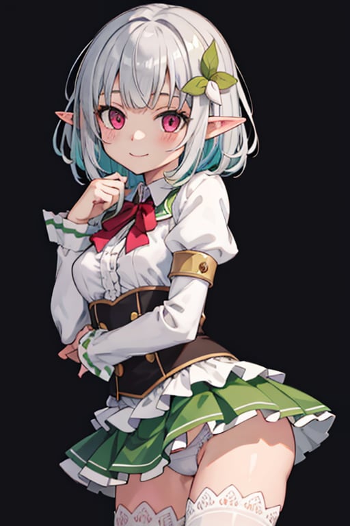 (masterpiece), best quality, high resolution, extremely detailed, detailed background, detailed background, cinematic lighting, exterior, 1girl, elf, medium hair, silver hair, crossed bangs, red almost pink eyes, small breasts, white shirt, green dress, drastic hair ornaments, skirt, ruffles, lace edging, ruffled sleeves, ruffled skirt, thigh high, booties, face in love, shaded face, flirty smile, hands on own cheeks, white panties, sylphy greyrat,