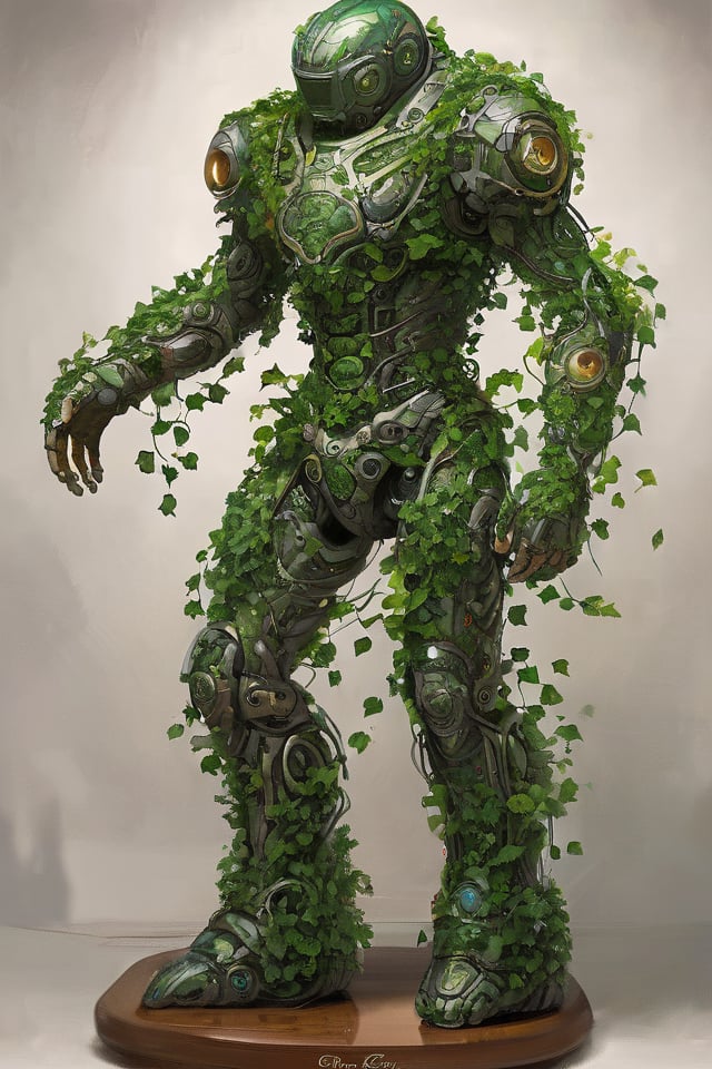 masterpiece, rule of thirds, very detailed mechanical suit for human greg rutkowski. wrapped with green ivy