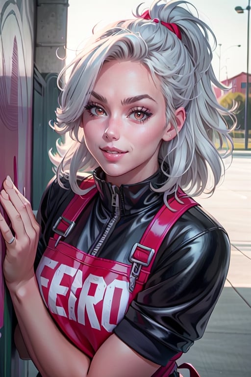 1 girl, outdoor,  happy, noi_(dorohedoro), muscles,  white hair, red eyes, mechanic overall:1.2, pop, skatepark, urban, graffiti, latex, close up