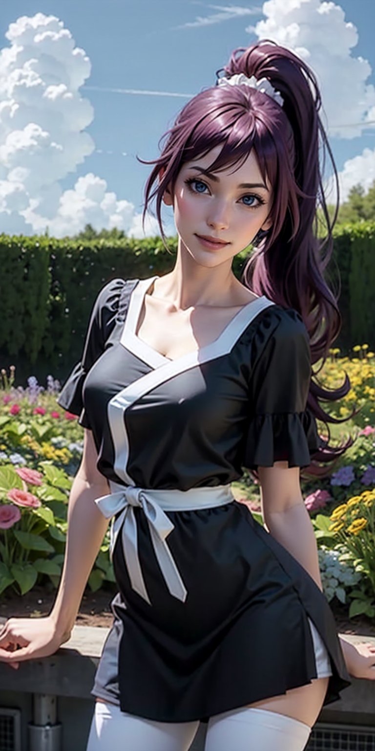 realistic, sh1, senjougahara hitagi, long hair, ponytail, black dress, pantyhose, tall girl, garden, flowers, blue sky, clouds, smile, close up