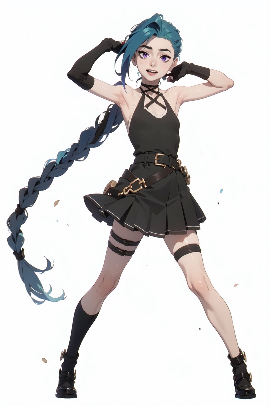 1girl, ,Jinx, ubel, skirt, gloves, dress, bare shoulders, pleated skirt, sleeveless, black gloves, elbow gloves, belt, miniskirt, black skirt, black footwear, (black dress:1.5), thigh strap, sleeveless dress, halterneck, armband, single glove, black belt, pleated dress, arm strap, very long hair, blue hair, purple eyes, asymetric, hand in head, hans in waist, 