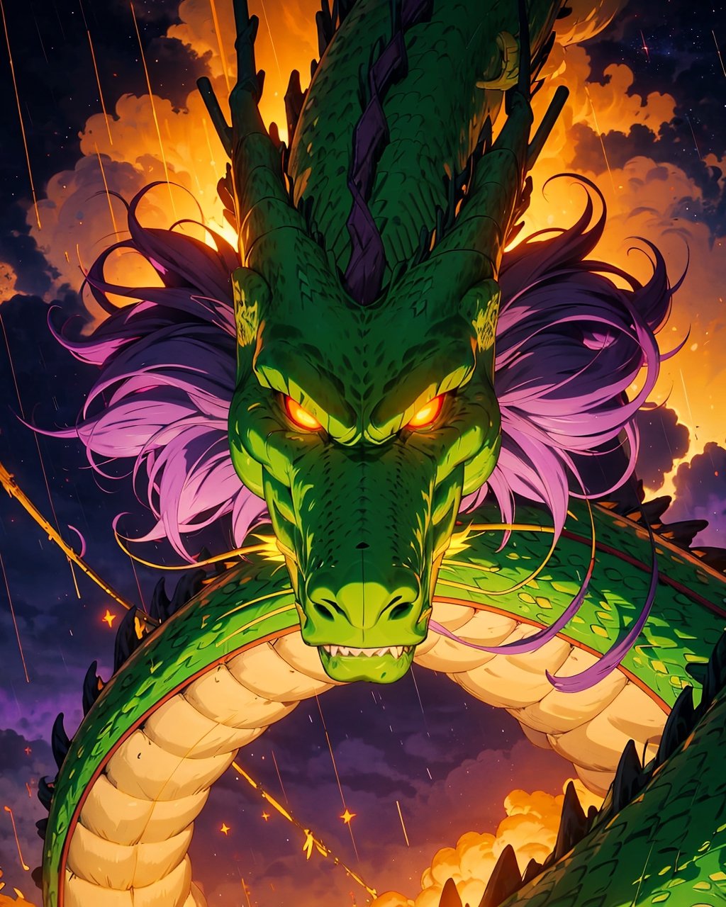 wyrm,shenlong, oriental dragon, glowing eyes, shiny, galaxy, sharps theet, long whiskers, purple hair, floating debris, looking_at_viewer, asymetric, intrincate details, realistic, ,r1ge, close up, yellow sky, yellos clouds, flying, raining