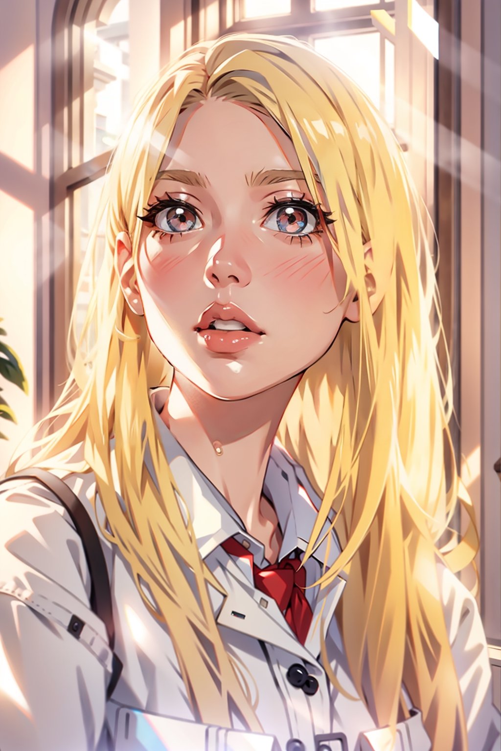 1 girl, looking_at_viewer, blonde, collared white shirt, big red lips, grey eyes, window, 