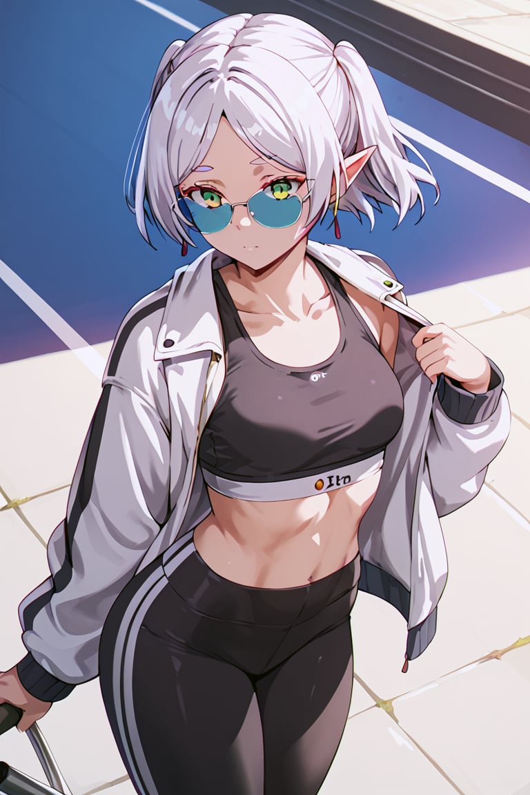 score_9, score_8_up, score_7_up, ddk, bfg, blushed,  frieren, sousou_no_frieren, 1girl, green_eyes, white_hair, grown up, short hair, sunglasses, jacket, crop top, yoga pants, 