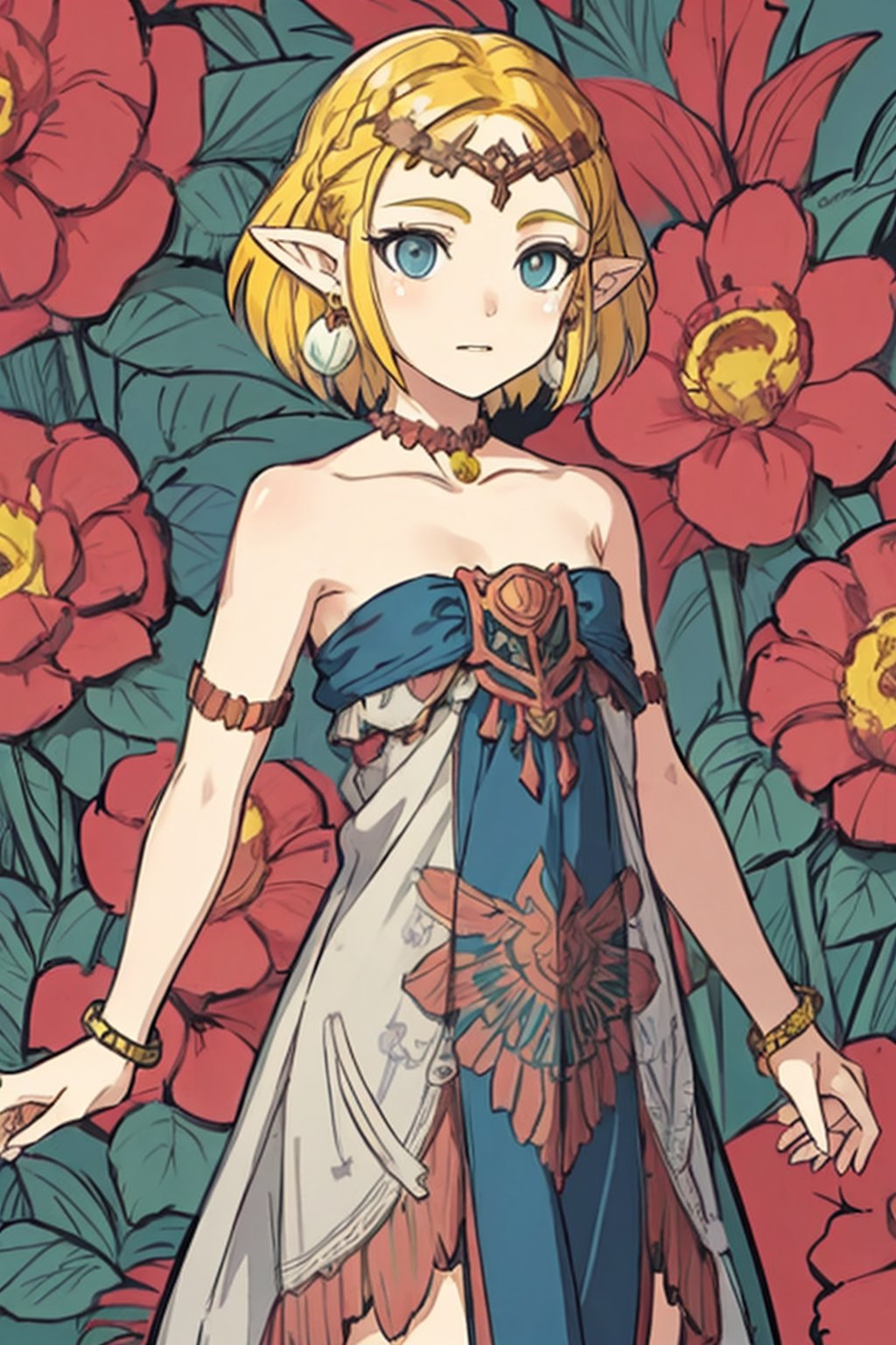 masterpiece, best quality, 1girl, flowers, ((flat color)), lineart, abstract, ornate, pattern, 

short hair,blonde hair,jewelry,earrings,pointy ears,bare shoulders, strapless,bracelet,dress,strapless dress,circlet,collarbone, loose dress

