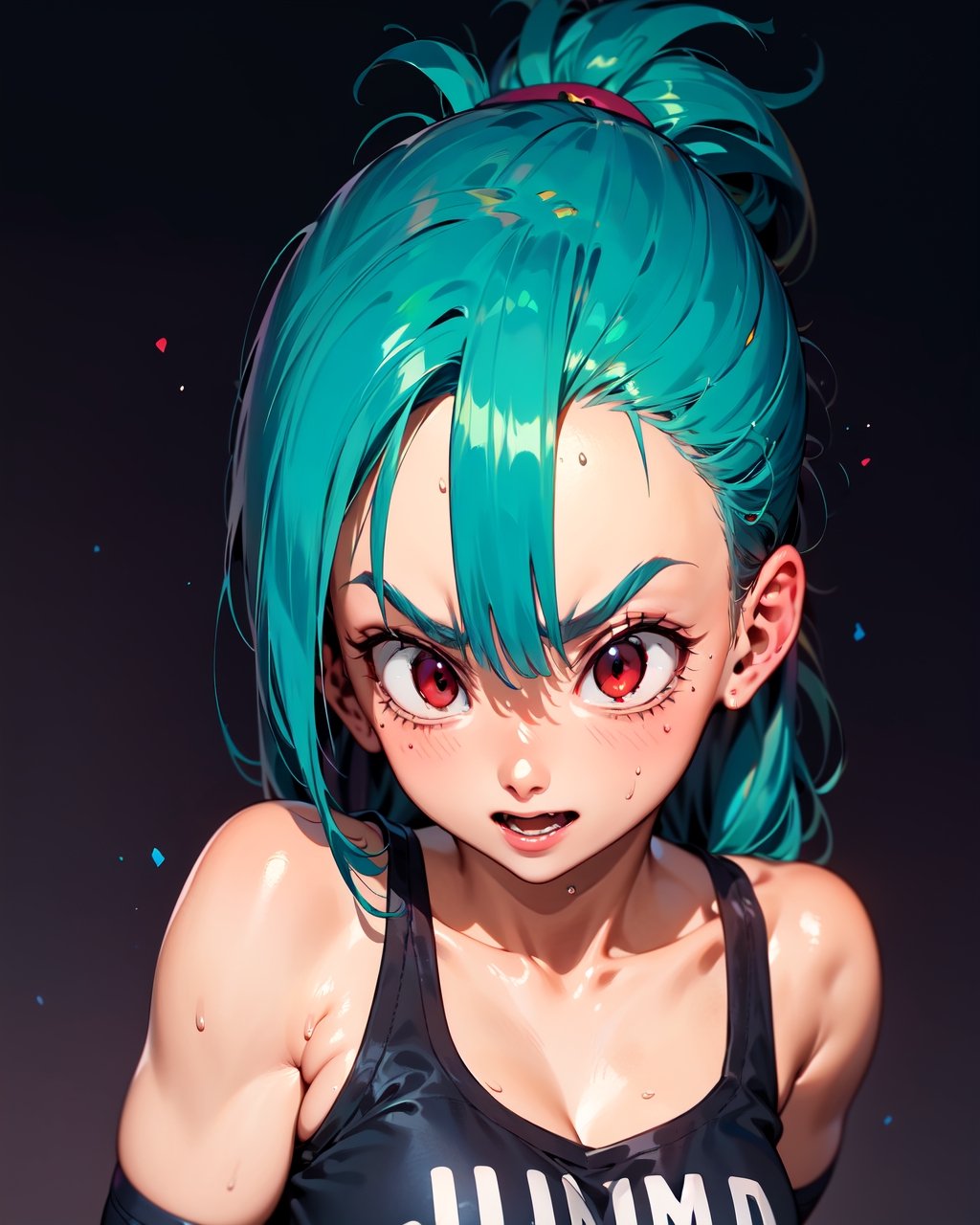  very long hair, ,JinxLol, jinx,  blue hair, underboob:1.4, medium breast,   red eyes, glowing eyes, purple an black clothes, retrobulma,Jinx,retrobulma