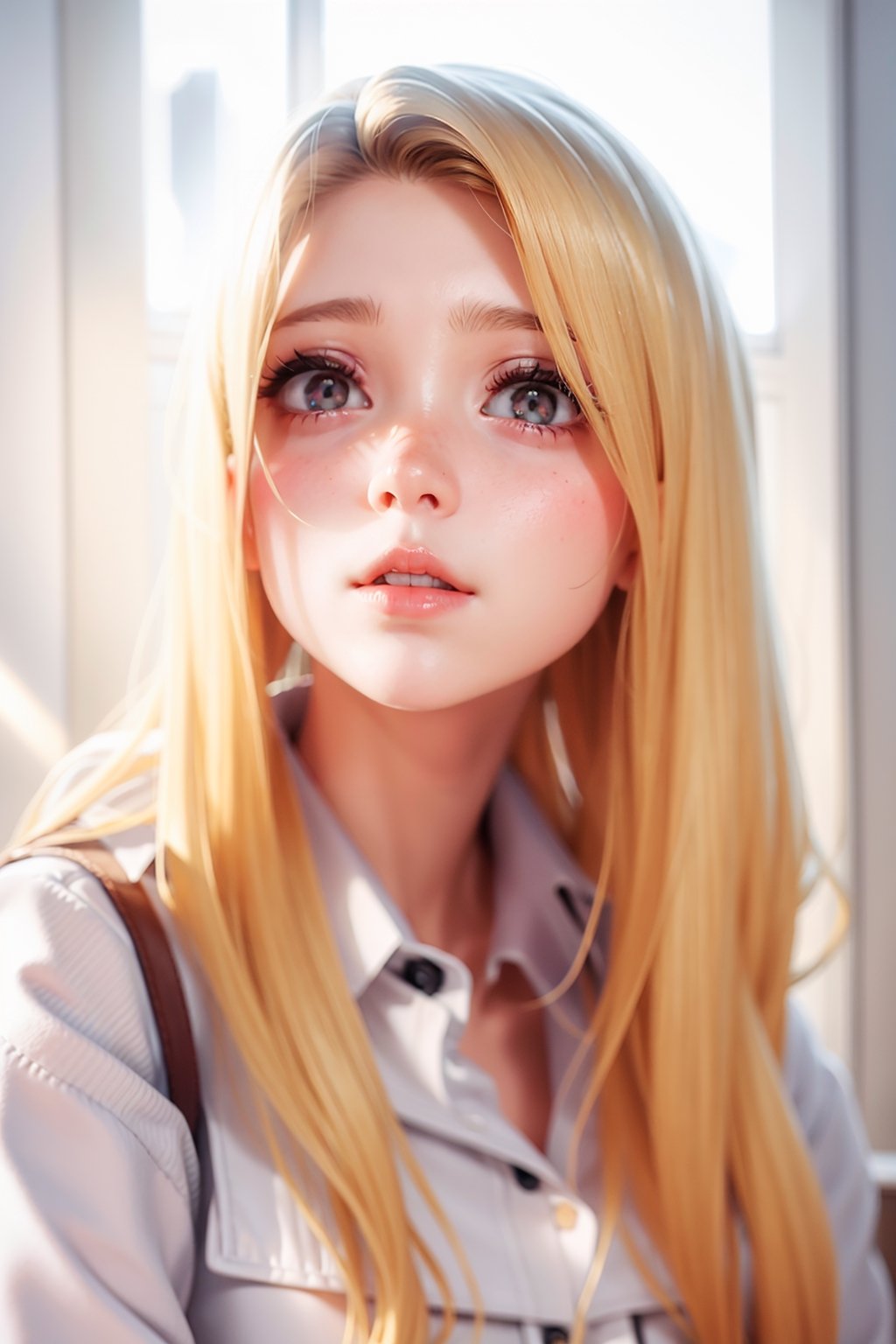 1 girl, looking_at_viewer, blonde, collared white shirt, big red lips, grey eyes, window, 