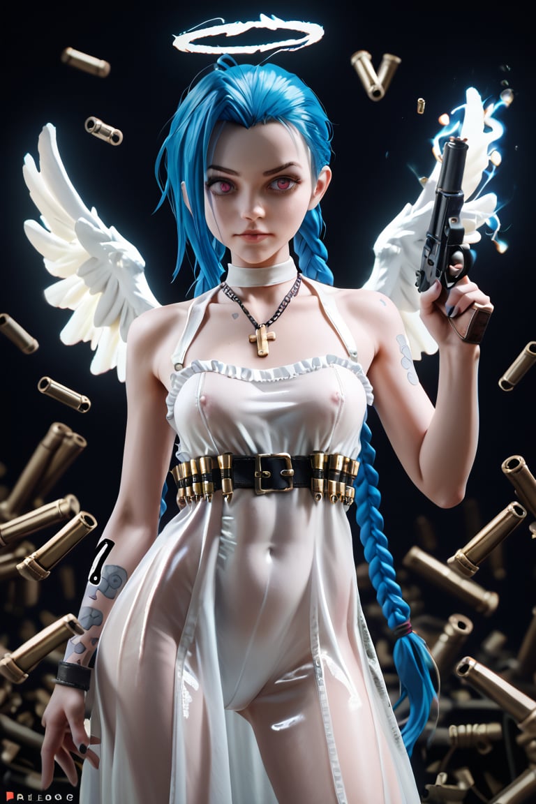 score_9, score_8_up, score_7_up, jinx , portrait, realistic, leotard, jewerly, chains, medium breast, ddk, bfg, aura, angel wings, bazoka, guns, bullets, white dress, transparent clothes, particlues, light, volumetric, photo,cinematic, 