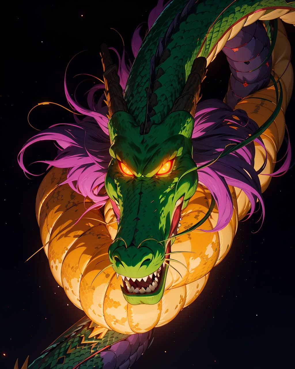 wyrm,shenlong, oriental dragon, night, glowing eyes, shiny, galaxy, stars, night sky, sharps theet, long whiskers, purple hair, floating debris, looking_at_viewer, asymetric, very long snake, intrincate details, realistic, ,r1ge, close up, 