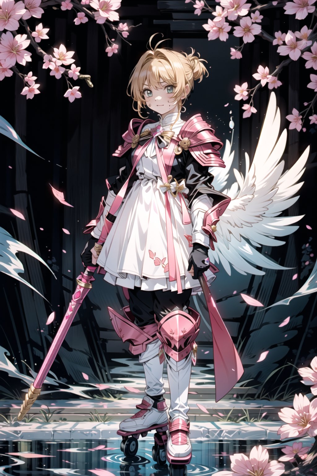 1girl, cherry blossom style dress, ripped armor, (large magic wand in hand:1.4), broken armor, cracked armor,  wounded face, bloody face, dirty face,kinomoto sakua, full body, pink linear rollerskates, torii