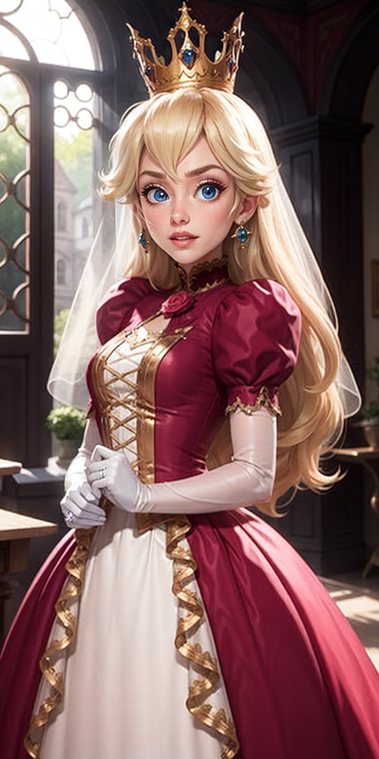 1girl,WEDDING_DRESS,VICTORIAN DRESS, long hair, blone, blue eyes, big eyes, white gloves, pink dress, crown, castle, mushrooms:1.5,realistic, happy, 