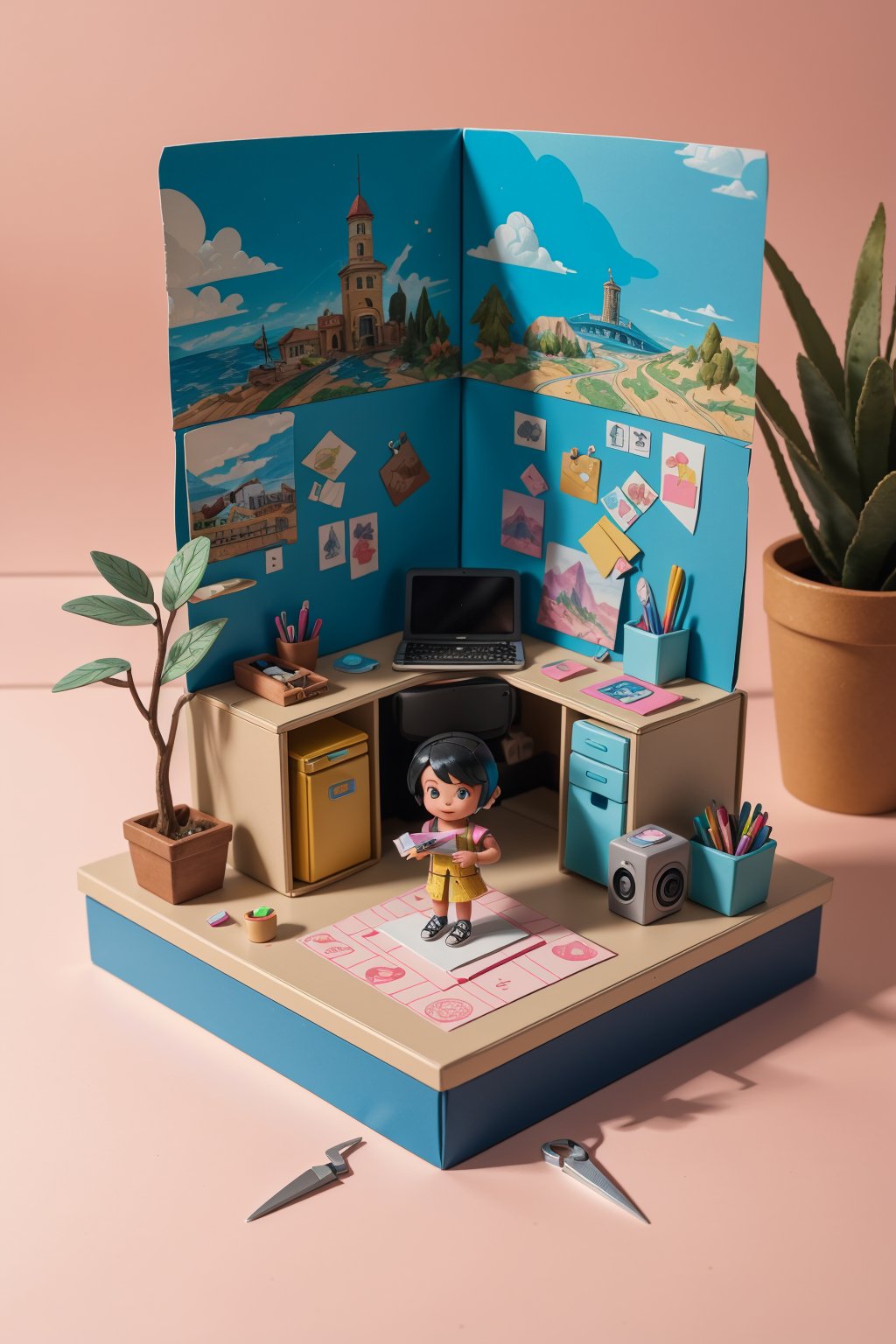 mini\(ttp\), (8k, RAW photo, best quality, masterpiece:1.2), 
polly pocket set, polly pocket, miniature, toy, playfull, plastuc texture, black hair, office, paper, printer, Stationery, 
scissors, cut paper, isometric,landscape