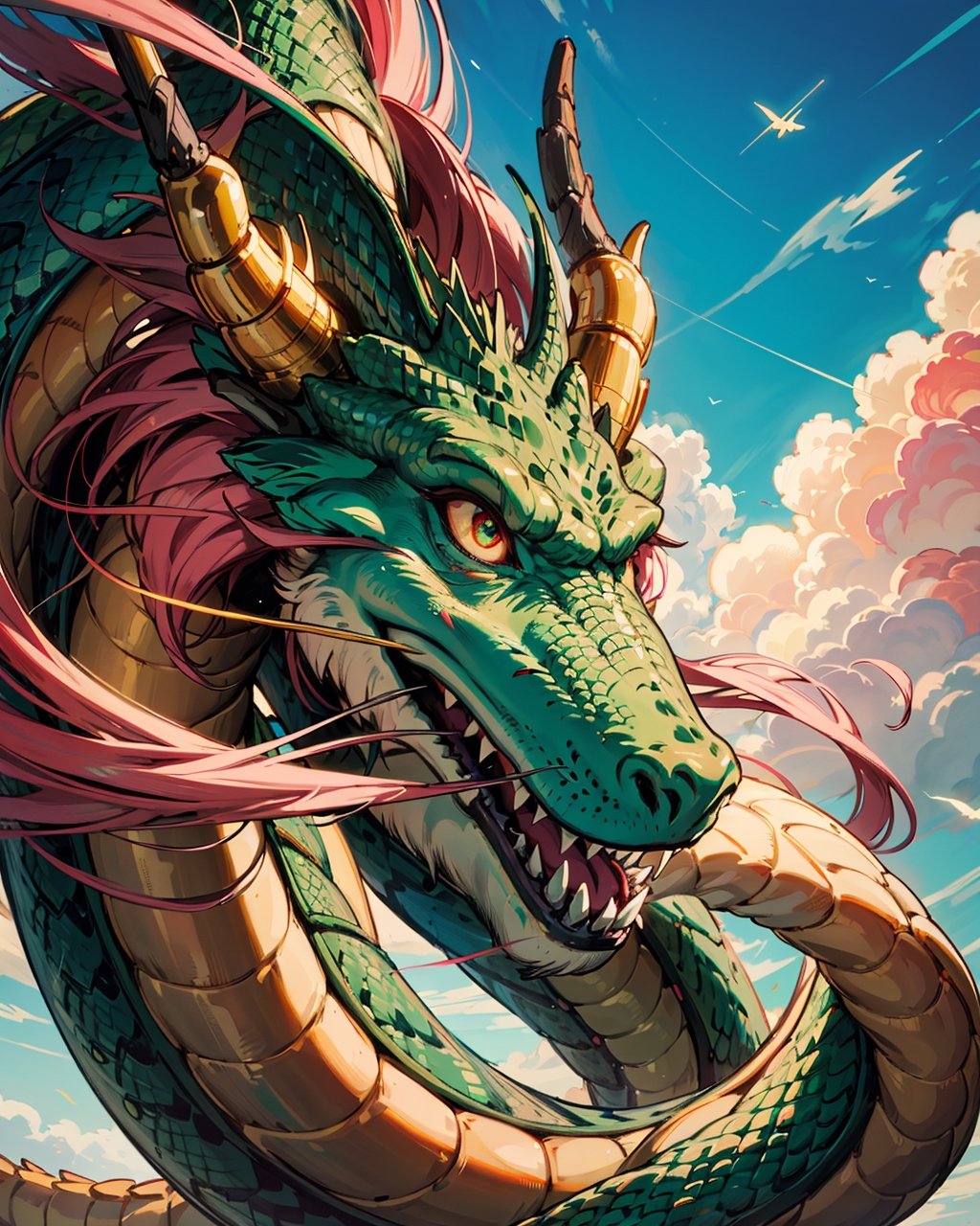 wyrm,shenlong, oriental dragon, day, beautifull eyes, golden, suny day, friendly, long whiskers, pink hair, floating debris, looking_at_viewer, asymetric, very long snake, intrincate details, realistic, close up, make up, blue sky, clouds, 