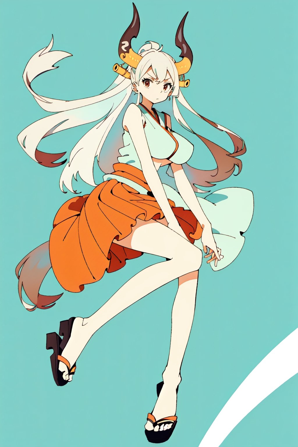 (masterpiece), yamato one piece, large breasts, sleeveless white kimono, curled horns,  sideboobs,yamato\(one piece\),multicolored hair,YamatoV2,white hair,yamato,One piece style,green hair, oni horn, oni horn ,colored horn,long hair,red eyes, very long red skirt, geta, wooden sandals, 