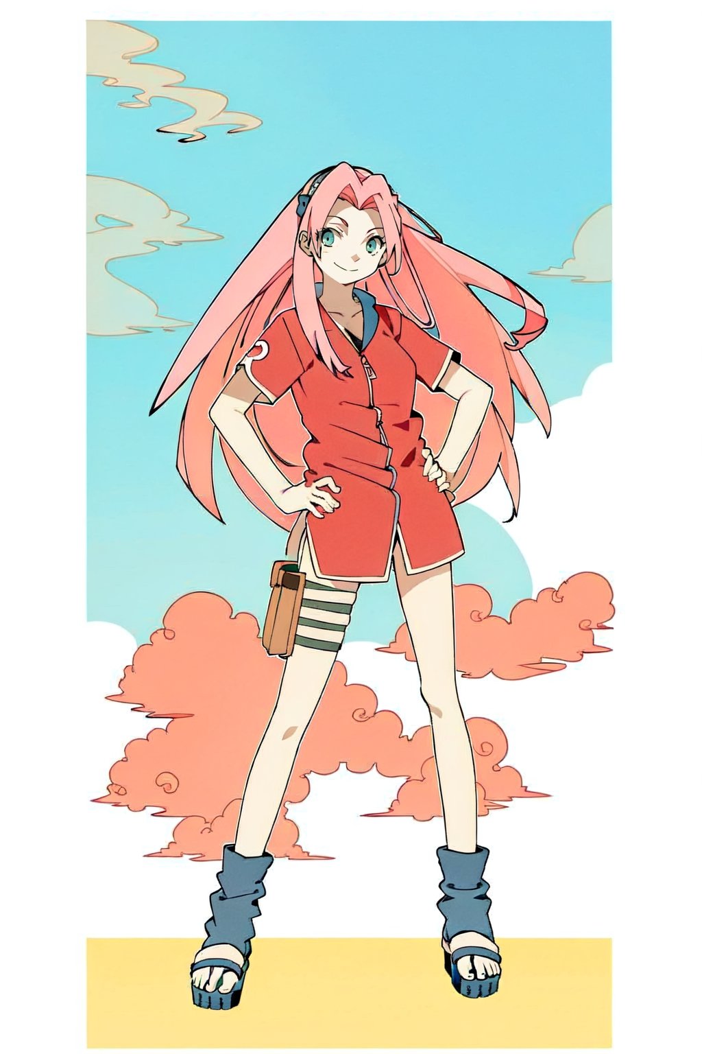 1 girl, masterpiece, best quality, 1girl,haruno sakura, pink hair, long hair, green eyes, forehead protector, smile, hands on hips, blue sky, cloud, hidden village 