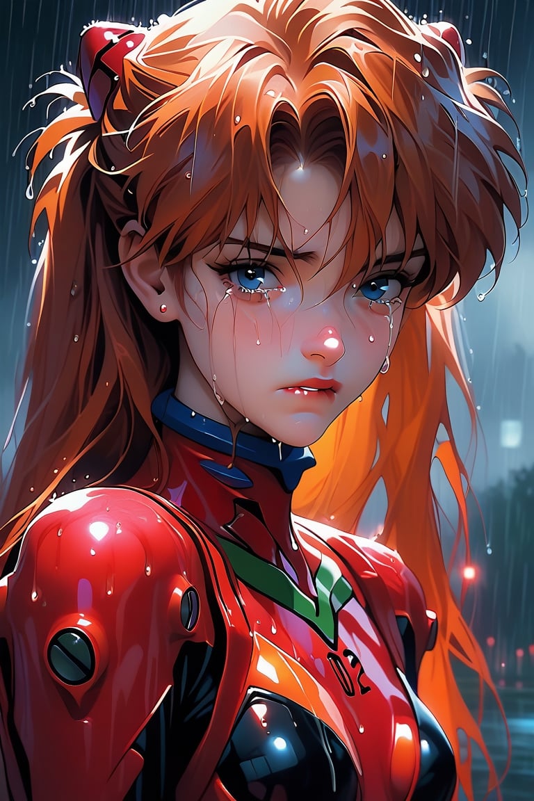 score_9, score_8_up, score_7_up, source_anime, 
rainy day, fog, night, wet ,g4n1m3, pale skin, biting lip, asuka_langley_souryuu, blue eyes, orange hair, sad, crying, plug suit, evangelion, retro anime style, 1990s (style), red suit, 