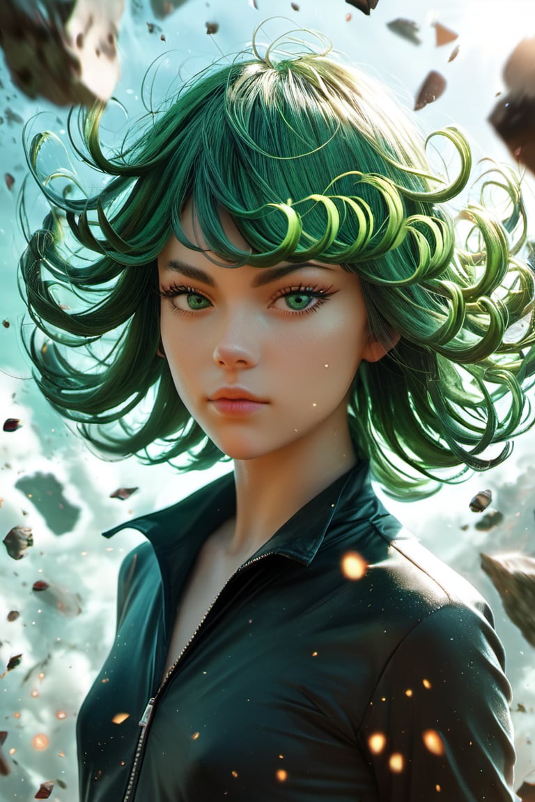 score_9, score_8_up, score_7_up, realistic, lighting, photo, details, real, portrait, 
tatsumaki, one-punch_man, 1girl, green_hair, green_eyes, dust particles, floating debris, aura, 