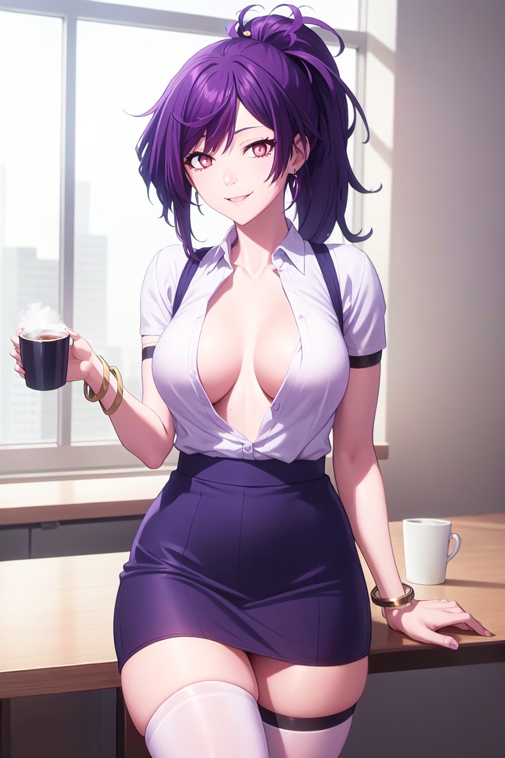 yuzuriha_(jigokuraku), purple hair, brown eyes, cleavage, small breasts, open clothes, white collared shirt, office, office_lady, grey skirt, stockings, earings, colllar, ponytail, smile, coffe, bracelet