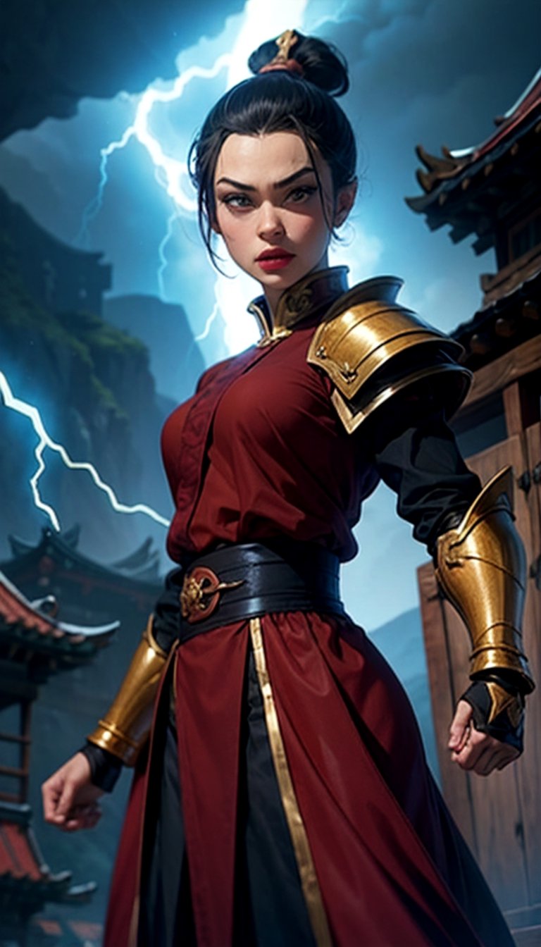 azula, 1 girl, blue fire:1.2, natural light, realistic, lipstick, makeup, ponytail, topknot, blue lighting, metallic shoulder pad, samurai,r1ge, blue, shoulder armor, kung fu pose, electric lightning