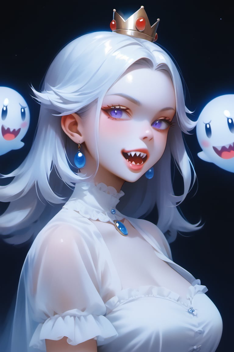 score_9, score_8_up, score_7_up, ddk, bfg, 1 girl, princess_king_boo, mario_(series), 1girl, white_hair, purple_eyes, ,ghost, night, blue aura, portrait, sharp teeth