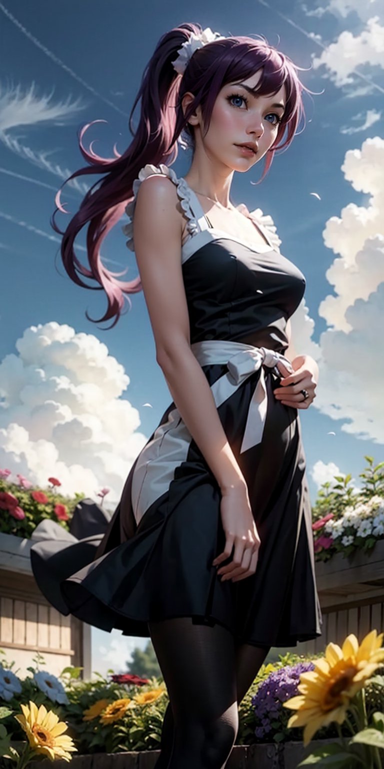 realistic, sh1, senjougahara hitagi, long hair, ponytail, black dress, pantyhose, tall girl, garden, flowers, blue sky, clouds, happy, 