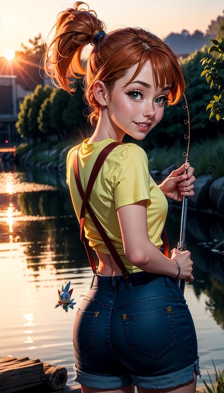 Misty_Pokemon,
yellow crop top,
red suspenders,
side ponytail, skinny, fishing:1.3, river, garden, wood, sunset, yellow shirt, jeans short, orange hair, female child, smile, realistic, back to viewer