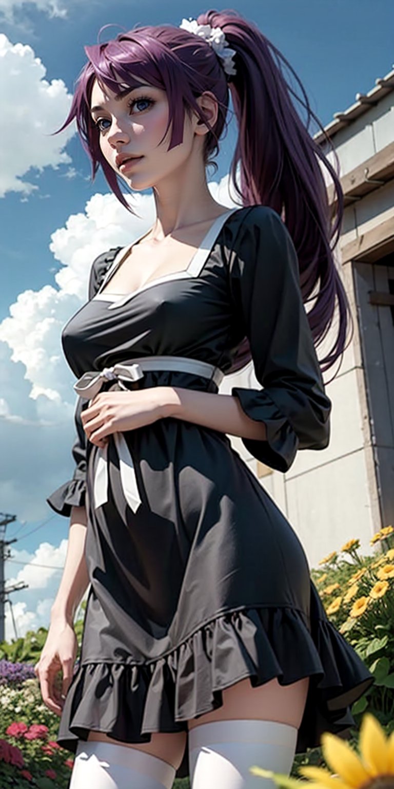 realistic, sh1, senjougahara hitagi, long hair, ponytail, black dress, pantyhose, tall girl, garden, flowers, blue sky, clouds, happy, 