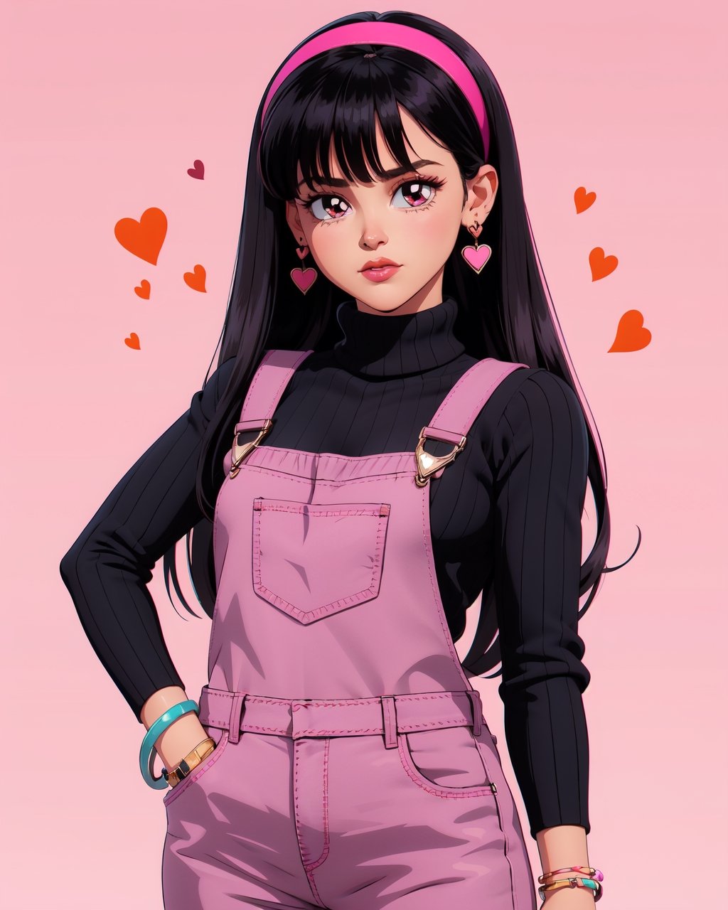 abby, 1girl, solo,  long hair, bangs,  black hair, jewelry, standing, heart, hairband, earrings, bracelet, sweater, turtleneck, overalls, pink hairband, 