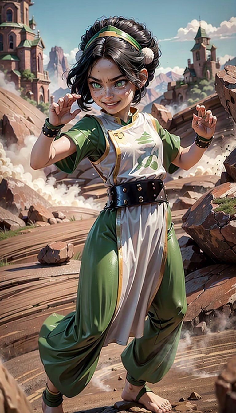 black hair, belt, short hair, white eyes, hair bun, green hairband,chinese clothes, green dress, short sleeves, pelvic curtain, brown stones, mountain, dust, karate pose, female child, happy