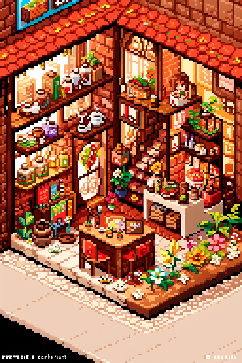 masterpiece, best quality, ultra detailed, hyperresolution, ultra-resolution, store, coffe shop, lego set, mini\(ttp\), isometric ,miniature, ,landscape, colorfull, dynamic, flowers, market,Pixel art