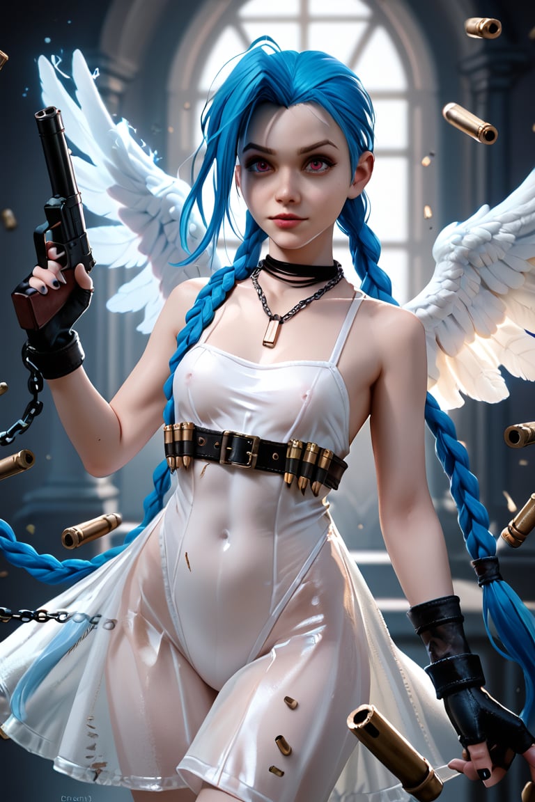 score_9, score_8_up, score_7_up, jinx , portrait, realistic, leotard, jewerly, chains, medium breast,  aura, angel wings, bazoka, guns, bullets, white dress, transparent clothes, 