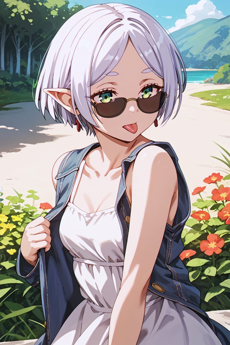 score_9, score_8_up, score_7_up, ddk, bfg, blushed,  frieren, sousou_no_frieren, 1girl, green_eyes, white_hair, grown up, short hair, sunglasses, medium breast, sundress, denim jacket, ice lolipop, licking