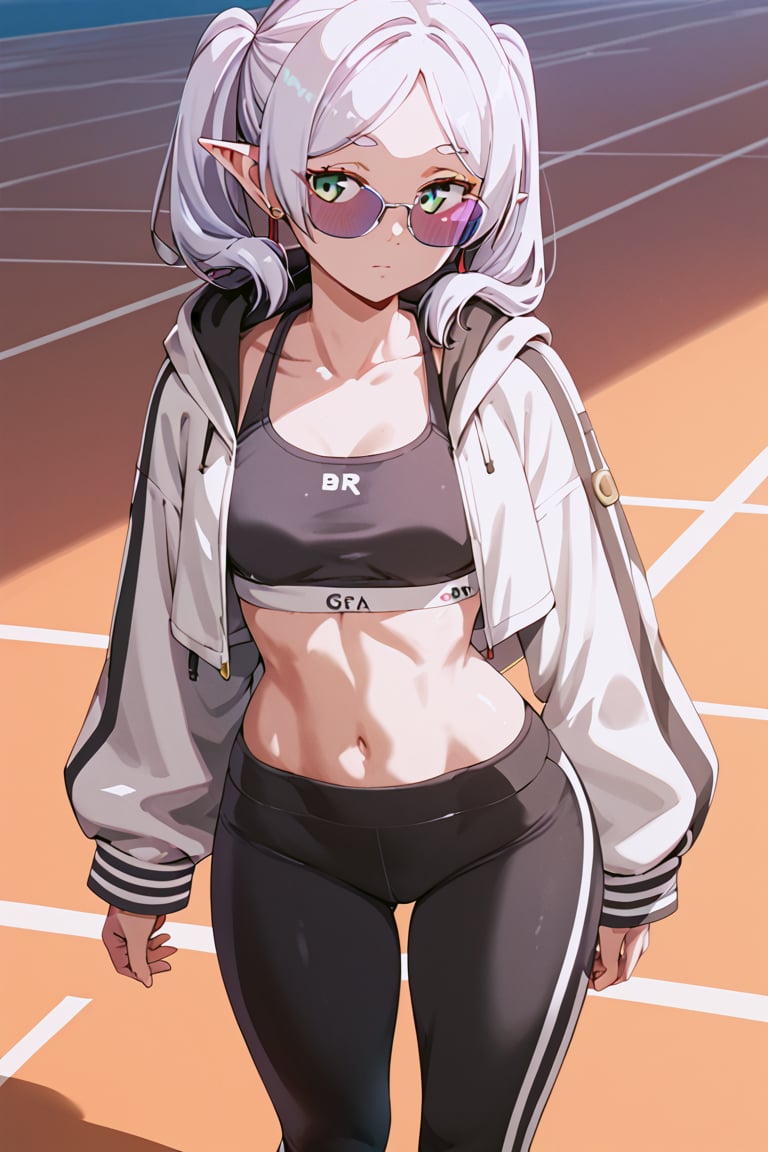 score_9, score_8_up, score_7_up, ddk, bfg, blushed,  frieren, sousou_no_frieren, 1girl, green_eyes, white_hair, grown up, short hair, sunglasses, jacket, crop top, yoga pants, 