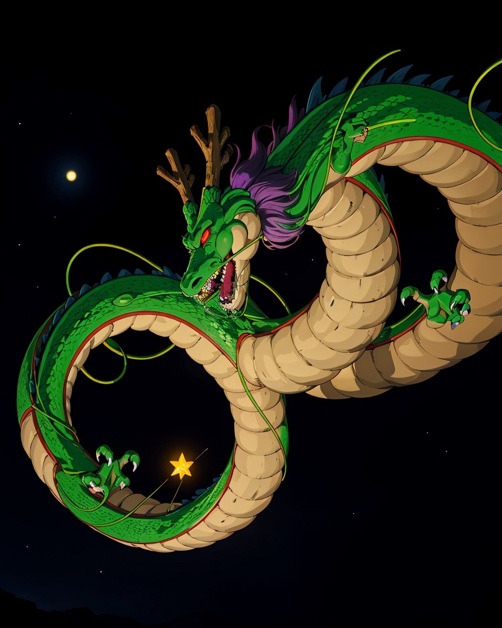 wyrm,shenlong, oriental dragon, night, glowing eyes, shiny, galaxy, stars, night sky, sharps theets, long whiskers, purple hair, floating debris, 