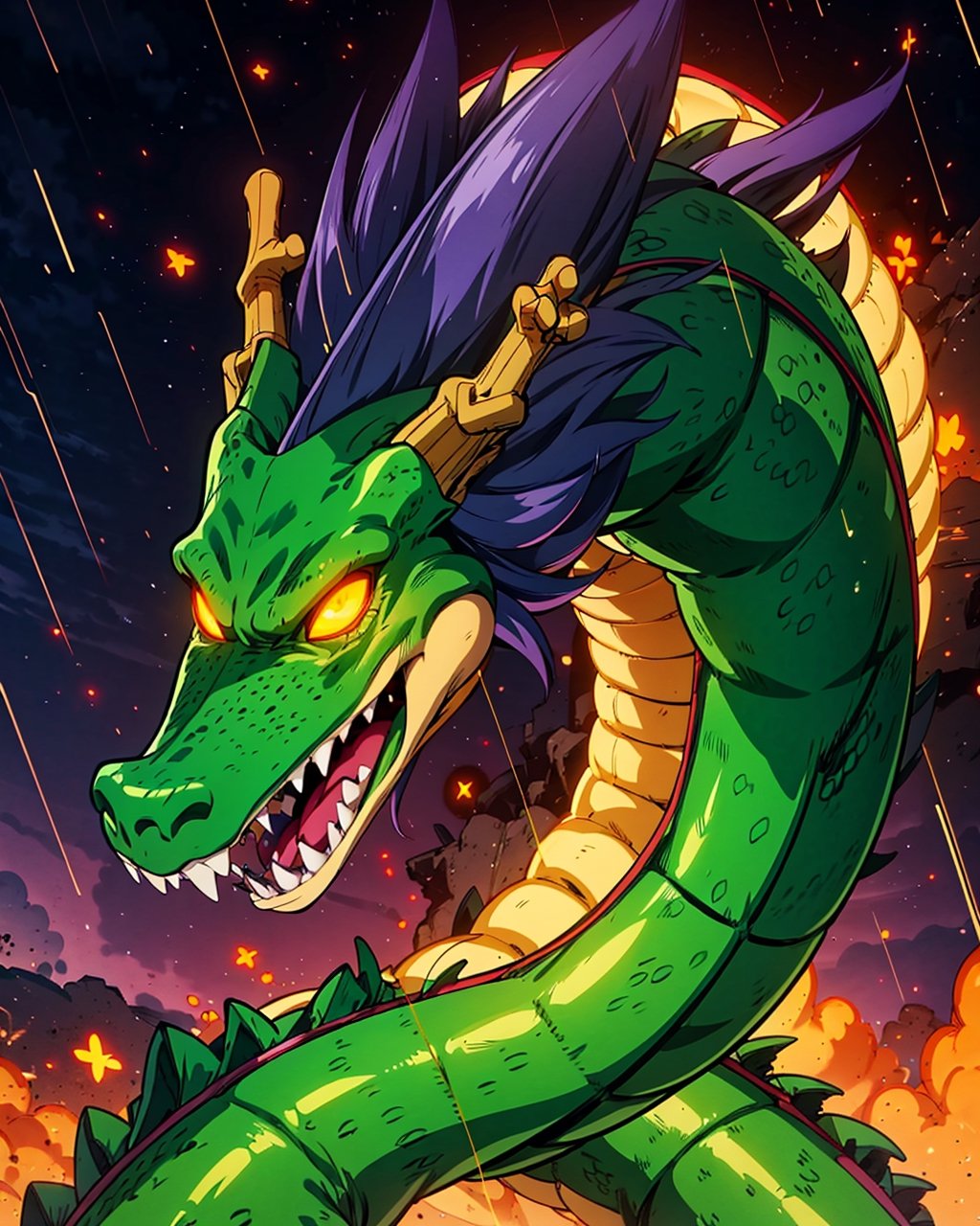 wyrm,shenlong, oriental dragon, glowing eyes, shiny, galaxy, sharps theet, long whiskers, purple hair, floating debris, looking_at_viewer, asymetric, intrincate details, realistic, ,r1ge, close up, yellow sky, yellow clouds, flying, raining