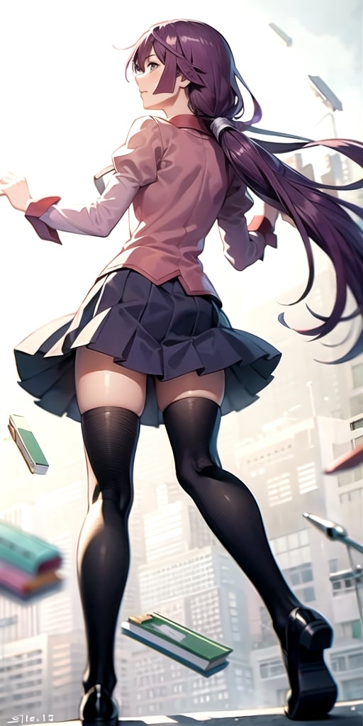 outfit1 (school uniform / long sleeves) sh1, senjougahara hitagi, long hair, long sleeves, necktie, school uniform, pleated skirt, juliet sleeves, black thighhighs, pink shirt, holding skirt:2, back to viewer, School Supplies falling:2
