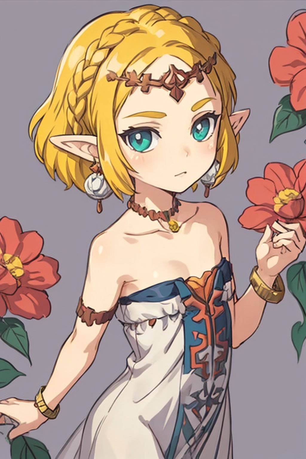masterpiece, best quality, 1girl, flowers, ((flat color)), lineart, abstract, ornate, pattern, 

short hair,blonde hair,jewelry,earrings,pointy ears,bare shoulders, strapless,bracelet,dress,strapless dress,circlet,collarbone, loose dress, ((chibi)),flushed,

