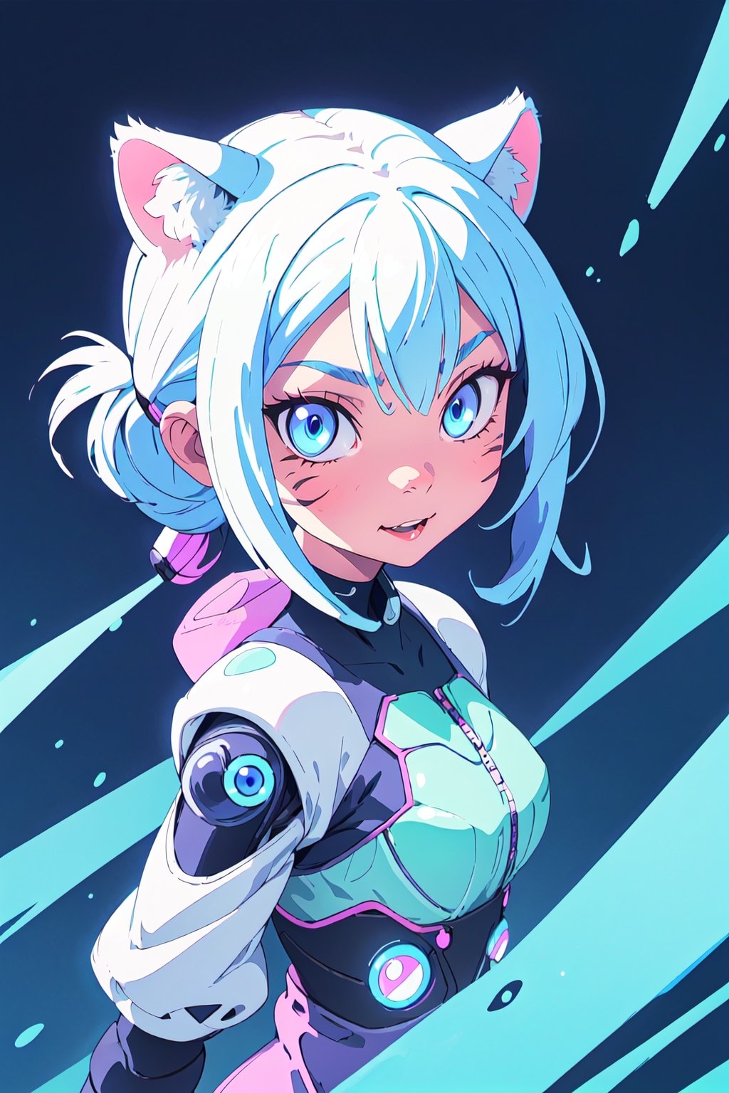 1 girl, blue, cian, white, 1 animal tiger and dog and cat like, long dragon, furry, digital details, simple background, blue eyes, locking at viewer, anime style, cute, cartoon style, happy, playfull, dynamic, cybernetic, cyberpunk, neon, magic particules, friendly, mascot, chibi:1.7, 4k quality, digital, beauty