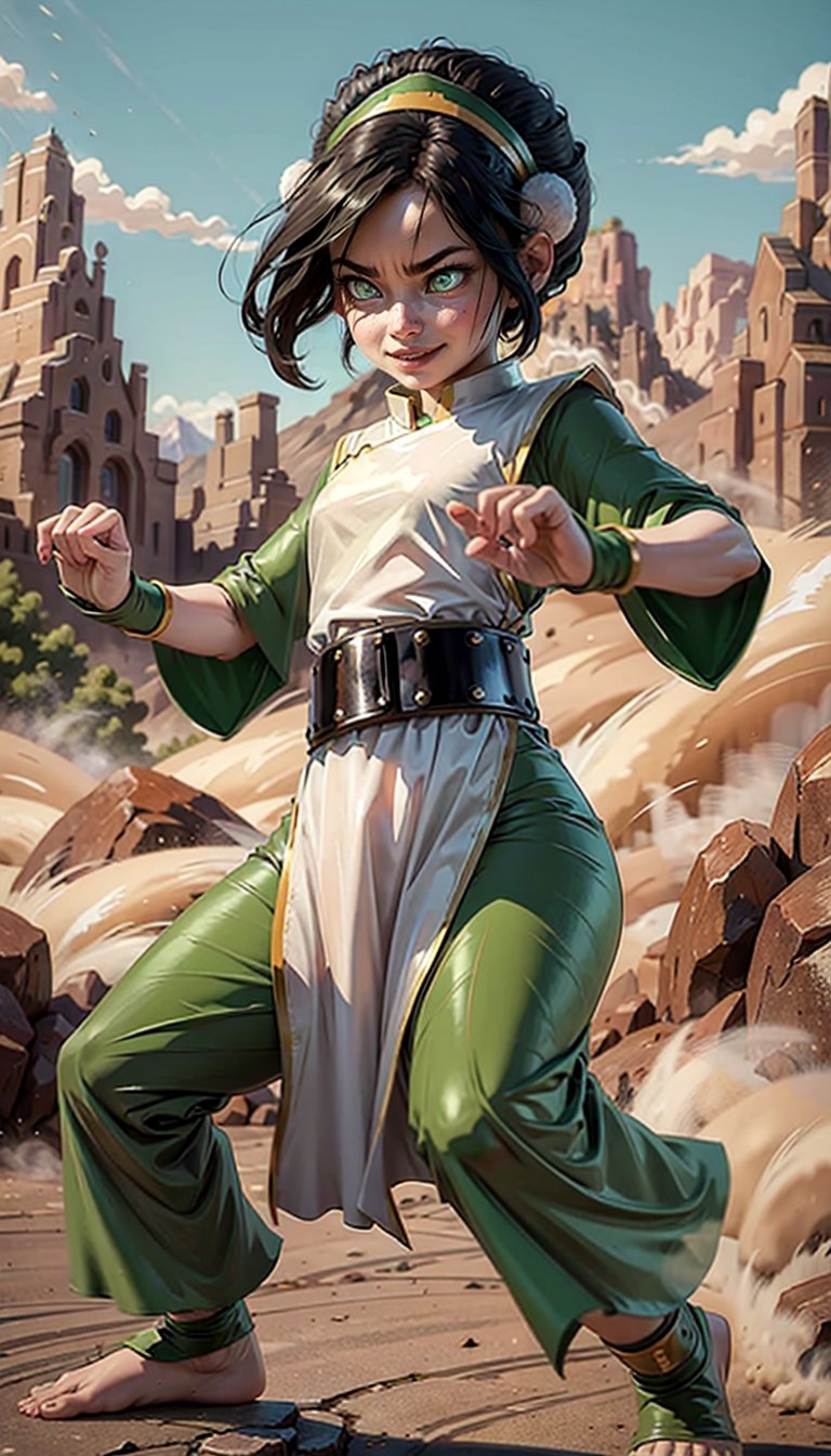 black hair, belt, short hair, white eyes, hair bun, green hairband,chinese clothes, green dress, short sleeves, pelvic curtain, brown stones, mountain, dust, fighting stance, female child, happy