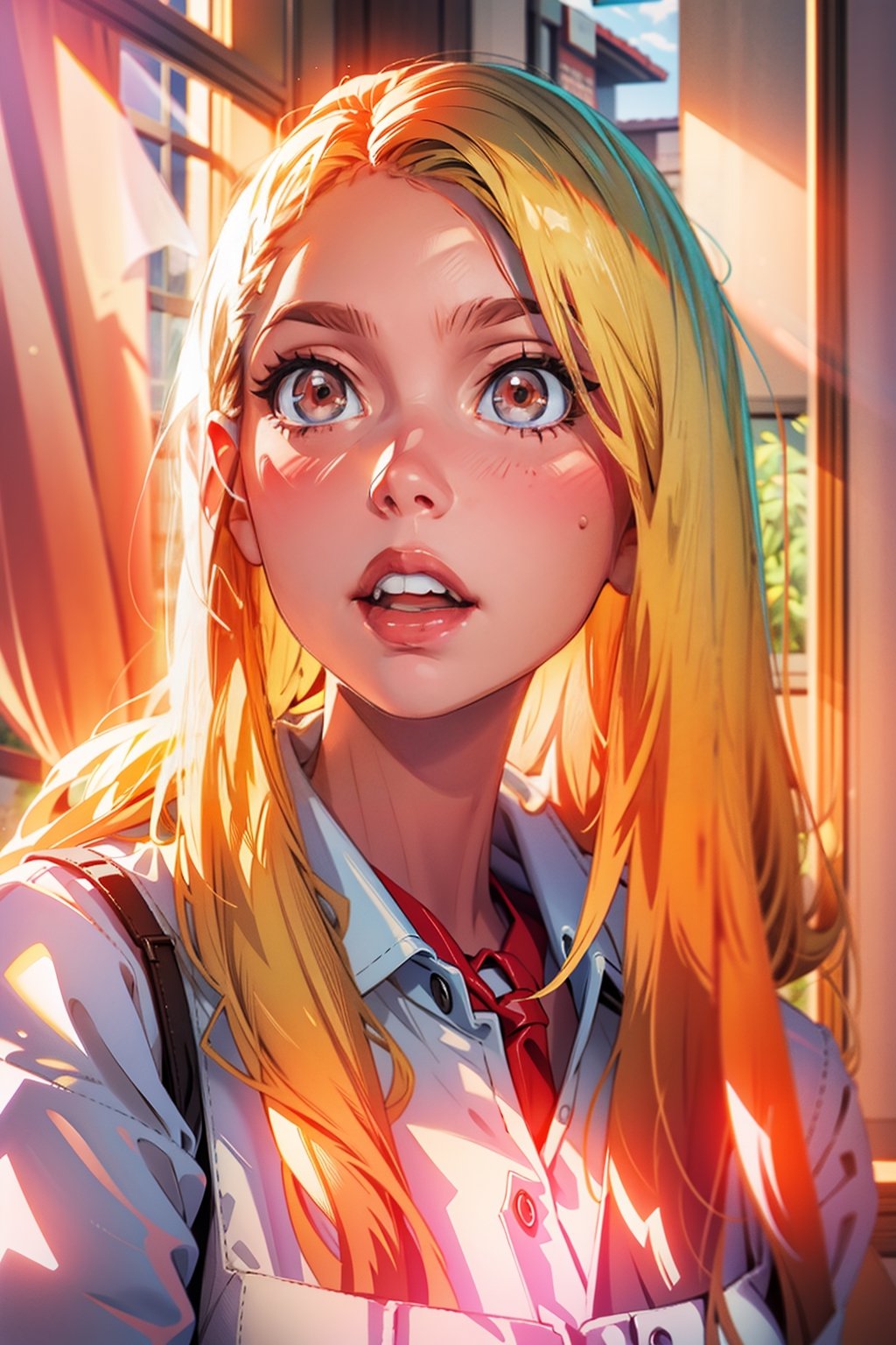 1 girl, looking_at_viewer, blonde, collared white shirt, big red lips, grey eyes, window, 