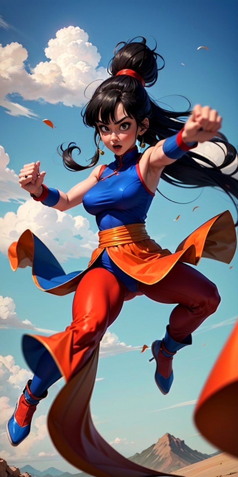 1 girl, chichi_dbz, Chichi_Blue_China_Dress, red sports wristband, kung fu hands, sport viewers, blue sky,red pants, blue dress, long hair, wind blowing