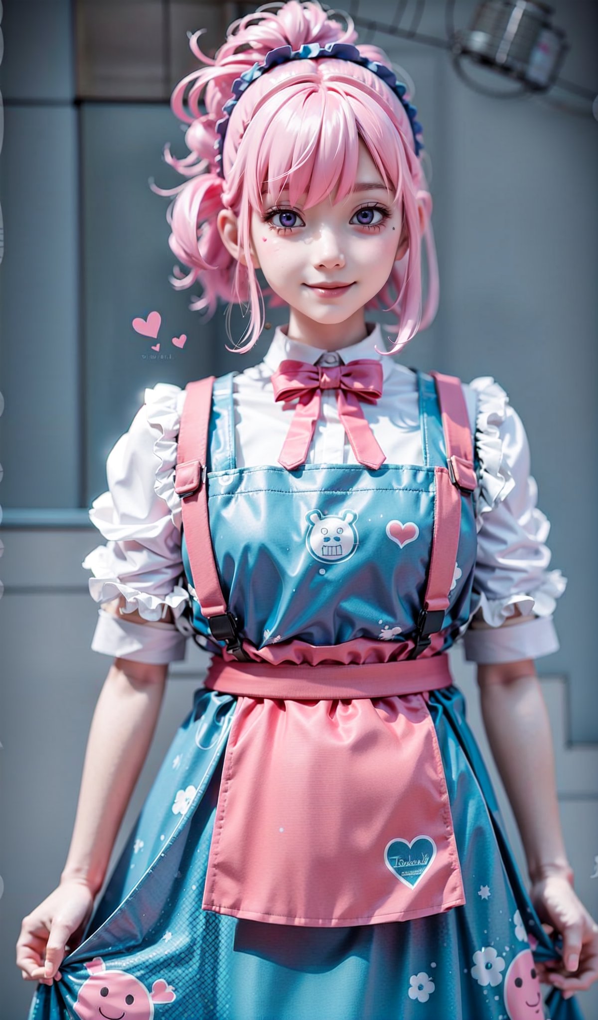 1 girl, kawaii, pink hair, blue maid dress,  sprinkles,  close up, heart, happy face, ghibli style, fashion,