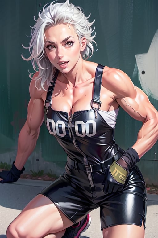 1 girl, outdoor,  happy, noi_(dorohedoro), muscles,  white hair, red eyes, mechanic overall:1.2, pop, skatepark, urban, graffiti, latex, close up